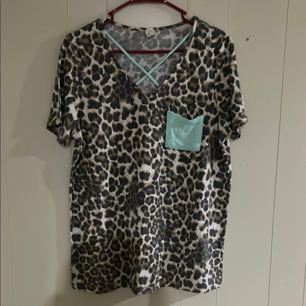 Leopard Print Top with Aqua Pocket